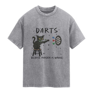Funny Grumpy Cat Darts Washed Cotton T-Shirt Because Murder Is Wrong
