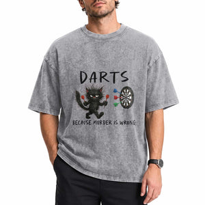 Funny Grumpy Cat Dart Player Washed Cotton T-Shirt Because Murder Is Wrong Pub Game Gift