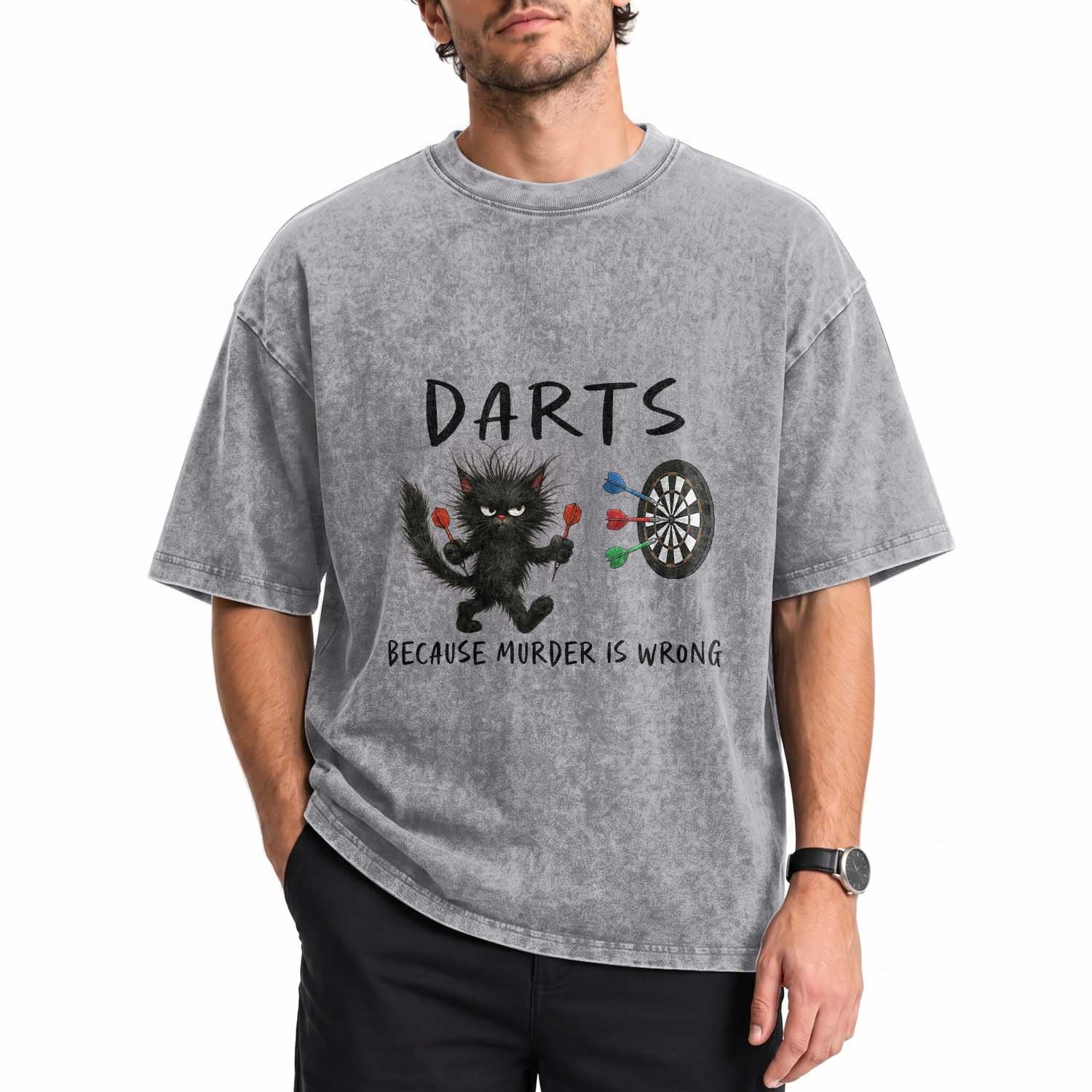 Funny Grumpy Cat Dart Player Washed Cotton T-Shirt Because Murder Is Wrong Pub Game Gift