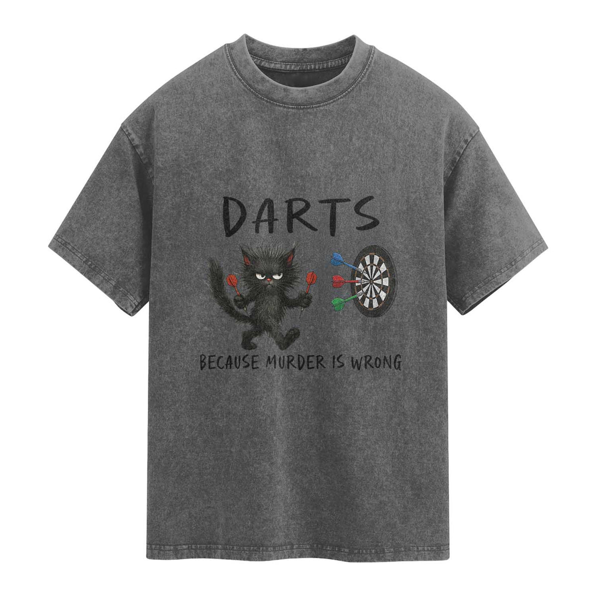 Funny Grumpy Cat Dart Player Washed Cotton T-Shirt Because Murder Is Wrong Pub Game Gift