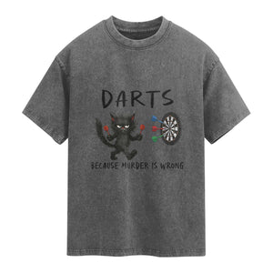 Funny Grumpy Cat Dart Player Washed Cotton T-Shirt Because Murder Is Wrong Pub Game Gift
