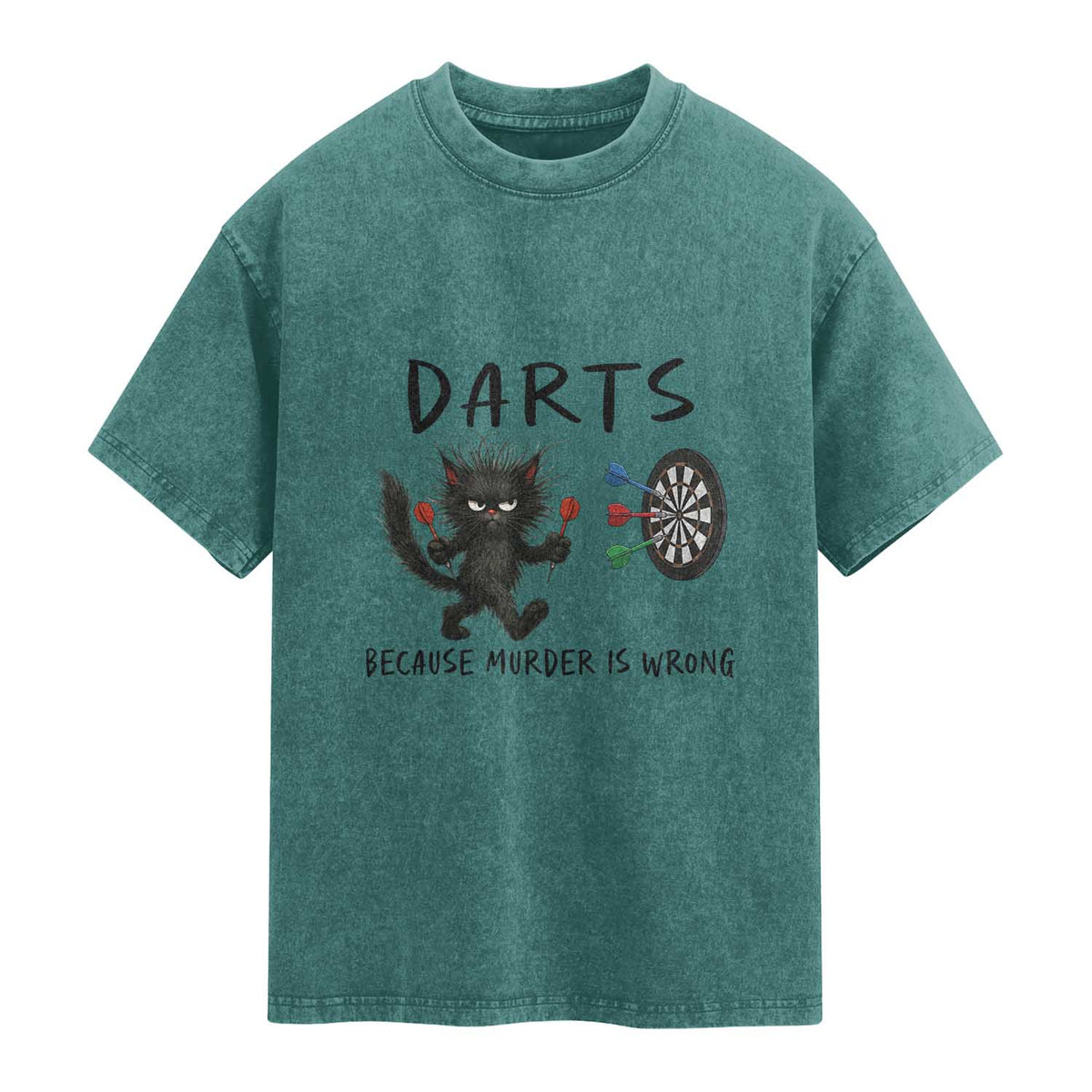 Funny Grumpy Cat Dart Player Washed Cotton T-Shirt Because Murder Is Wrong Pub Game Gift