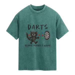 Funny Grumpy Cat Dart Player Washed Cotton T-Shirt Because Murder Is Wrong Pub Game Gift