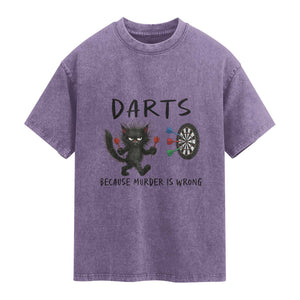 Funny Grumpy Cat Dart Player Washed Cotton T-Shirt Because Murder Is Wrong Pub Game Gift