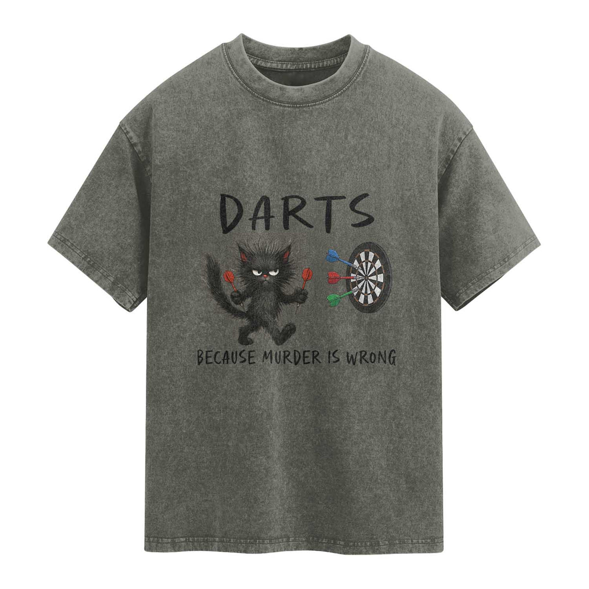 Funny Grumpy Cat Dart Player Washed Cotton T-Shirt Because Murder Is Wrong Pub Game Gift