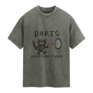 Funny Grumpy Cat Dart Player Washed Cotton T-Shirt Because Murder Is Wrong Pub Game Gift