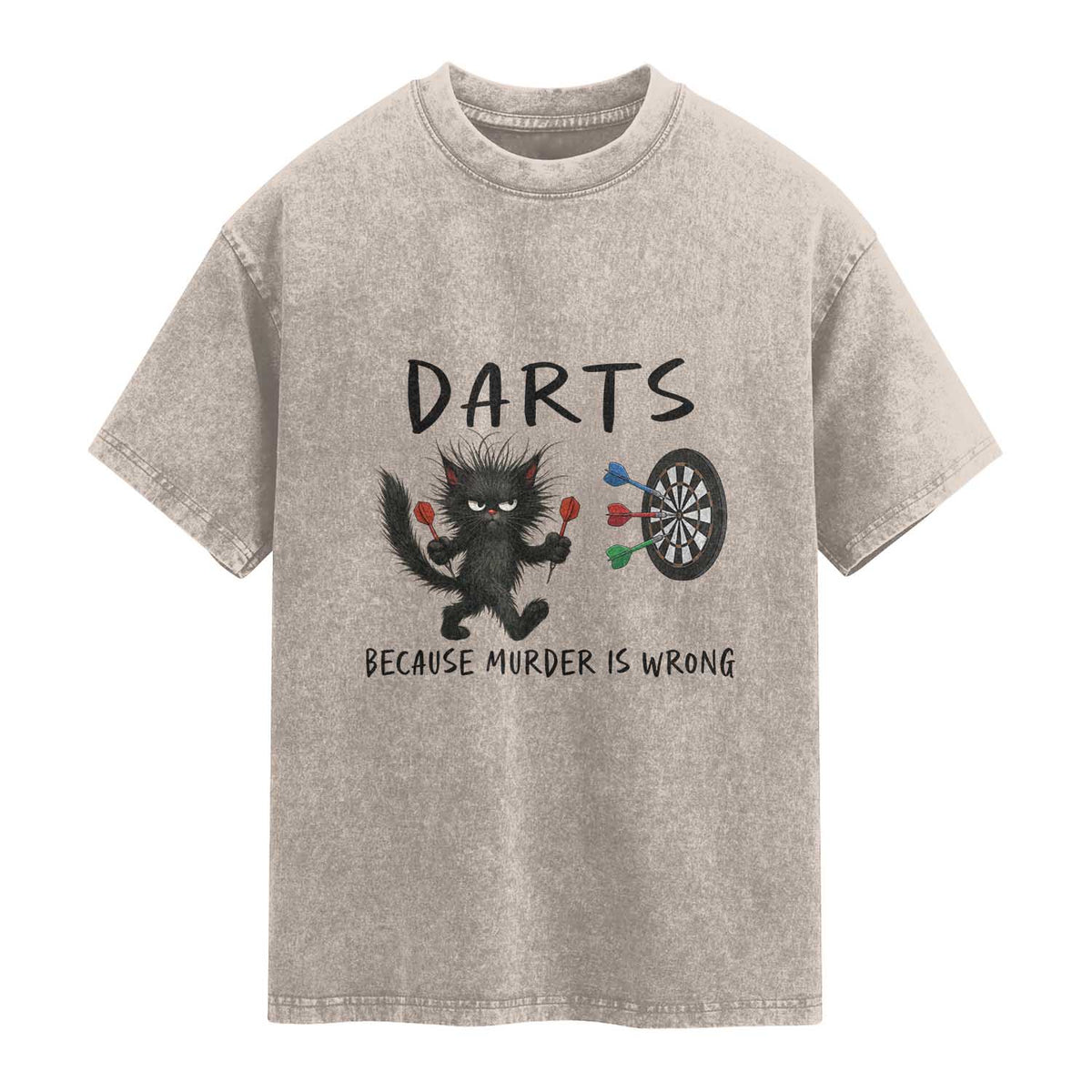 Funny Grumpy Cat Dart Player Washed Cotton T-Shirt Because Murder Is Wrong Pub Game Gift