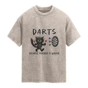 Funny Grumpy Cat Dart Player Washed Cotton T-Shirt Because Murder Is Wrong Pub Game Gift