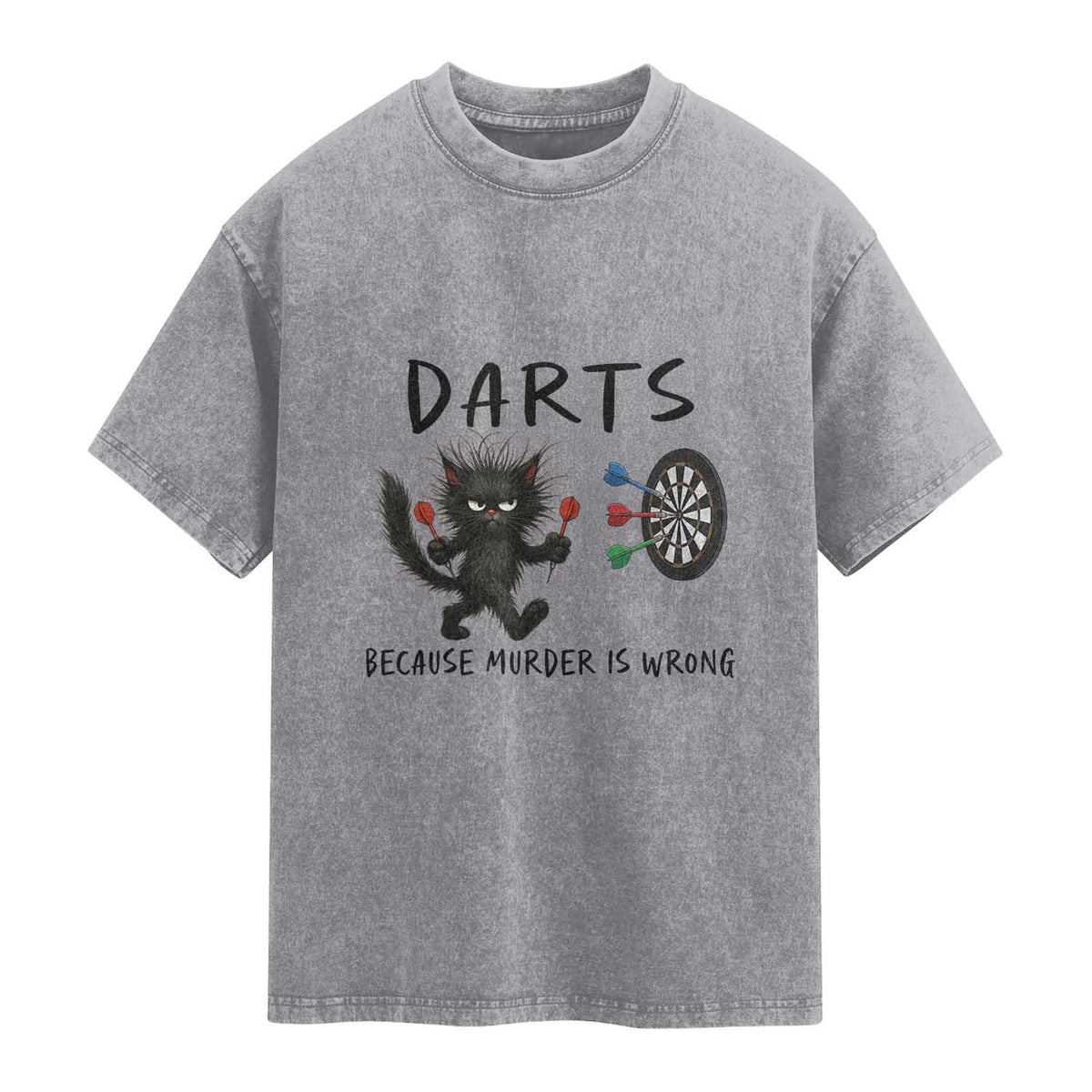 Funny Grumpy Cat Dart Player Washed Cotton T-Shirt Because Murder Is Wrong Pub Game Gift