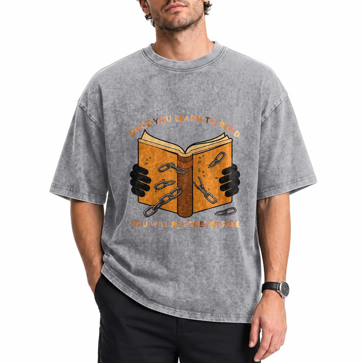 Breaking Every Chain Education Washed Cotton T-Shirt Frederick Douglass Quote