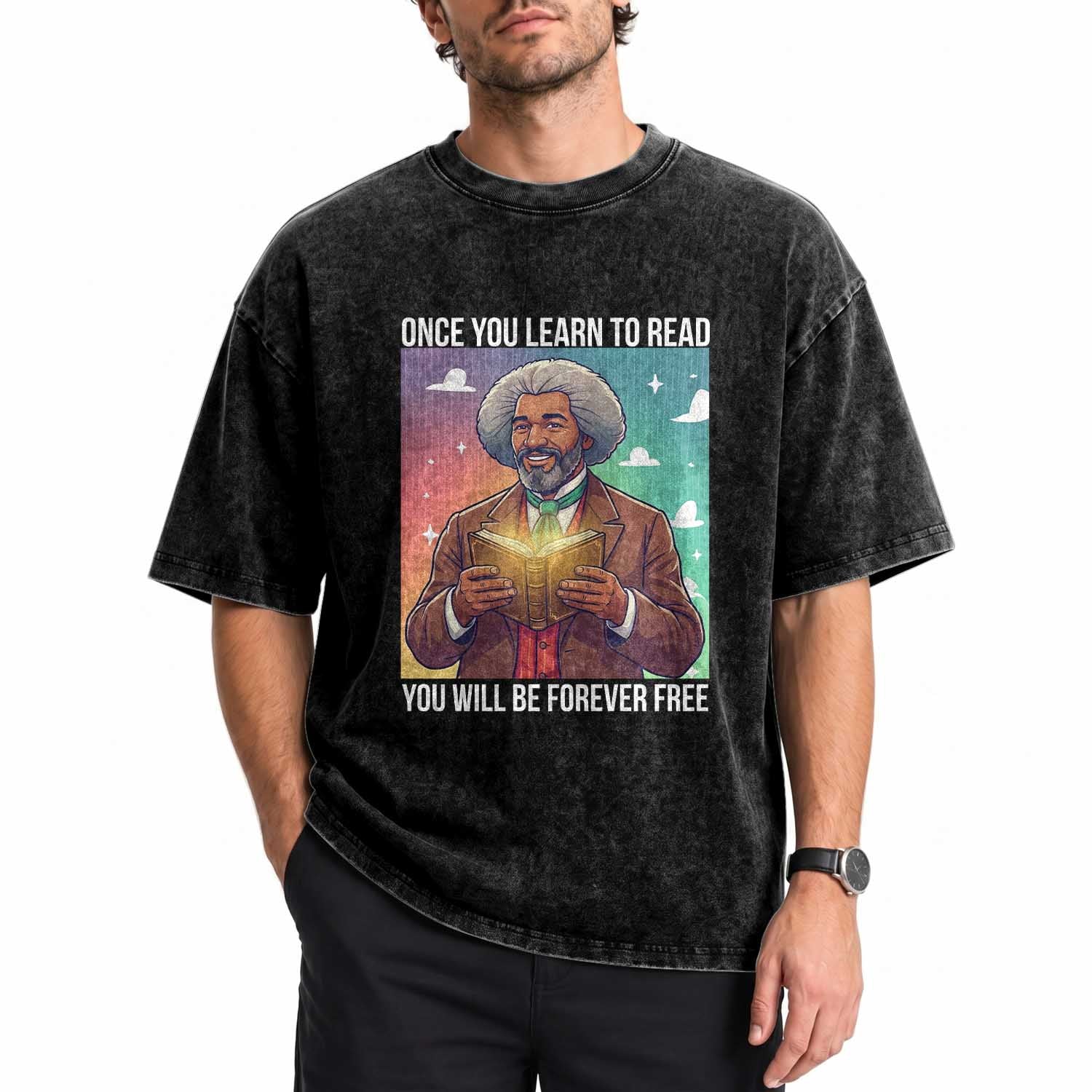 Frederick Douglass Reading And Freedom Washed Cotton T-Shirt African American Heritage