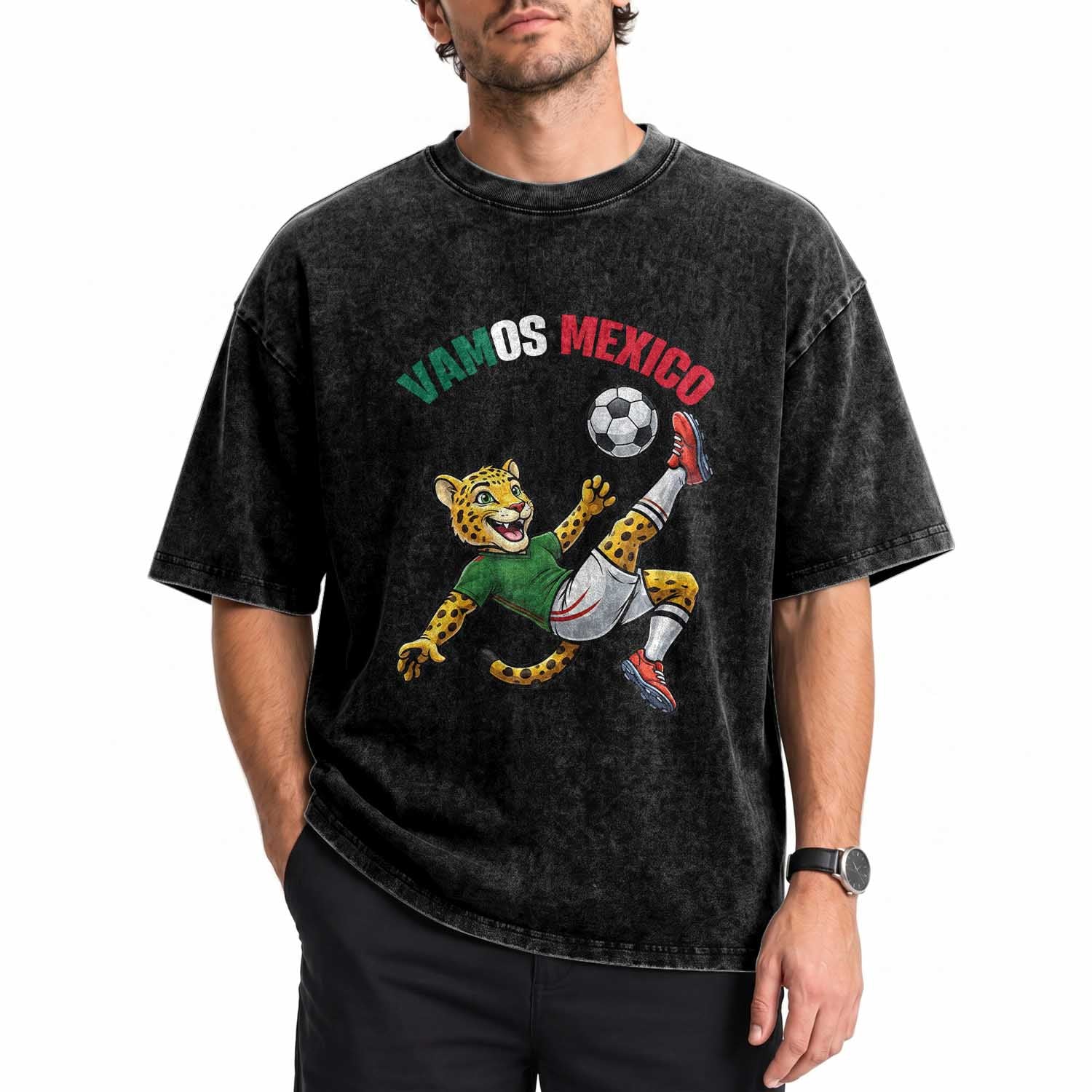 Vamos Mexico Fierce Leopard Soccer 2026 Washed Cotton T-Shirt Mexican Fan Gift