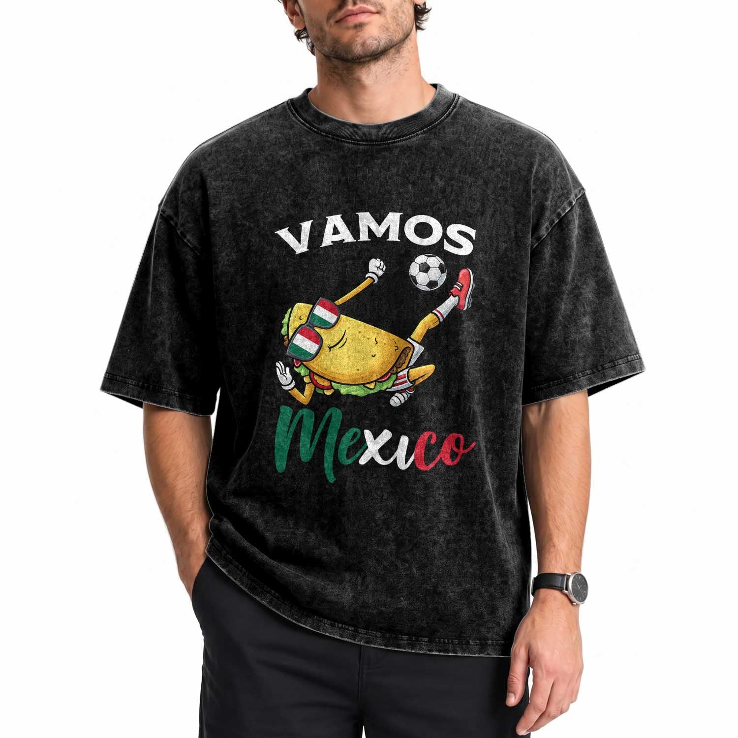 Vamos Mexico Taco Playing Soccer Washed Cotton T-Shirt Mexican Fan Gift