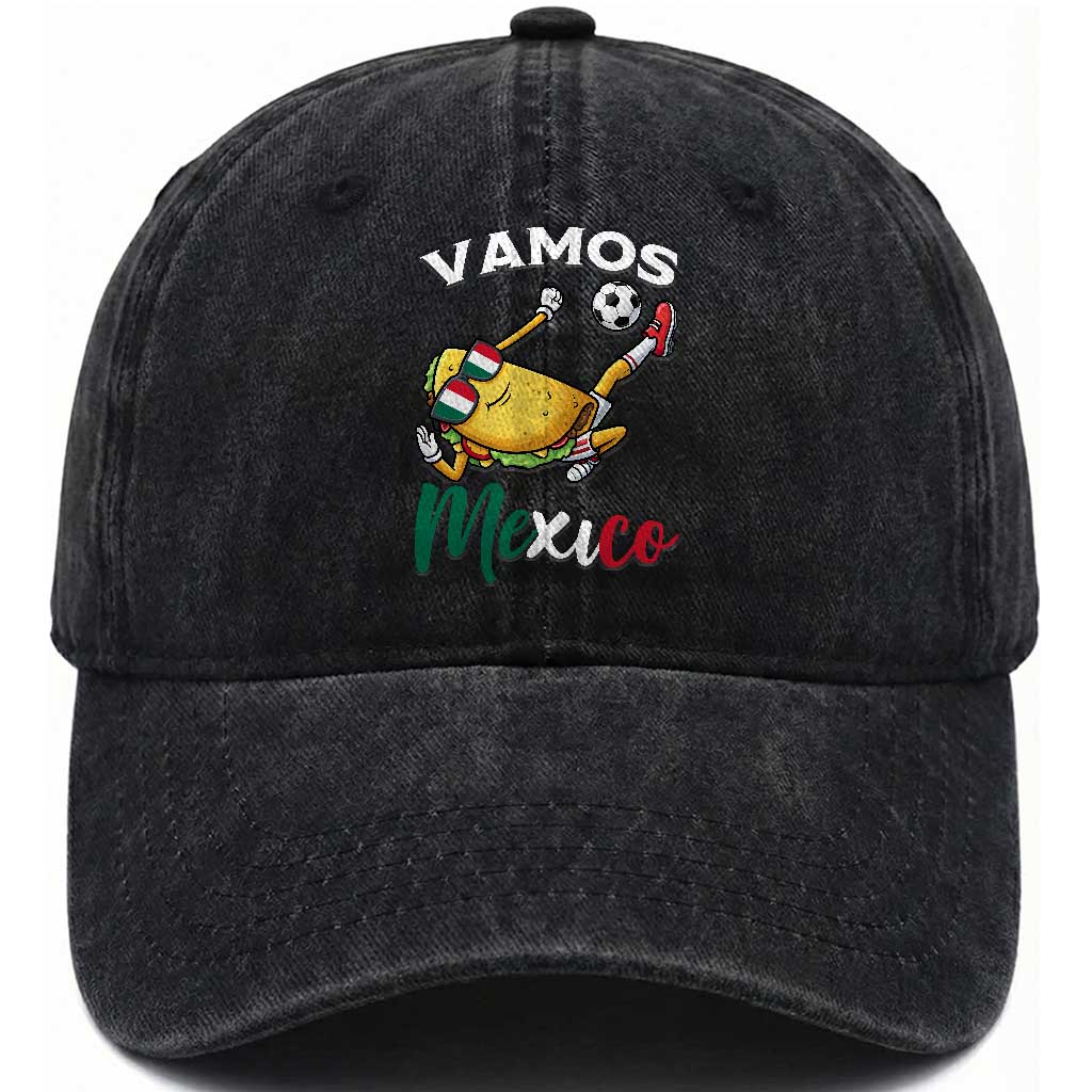 Vamos Mexico Taco Playing Soccer Washed Cotton Baseball Cap Mexican Fan Gift TS12 Print Your Wear