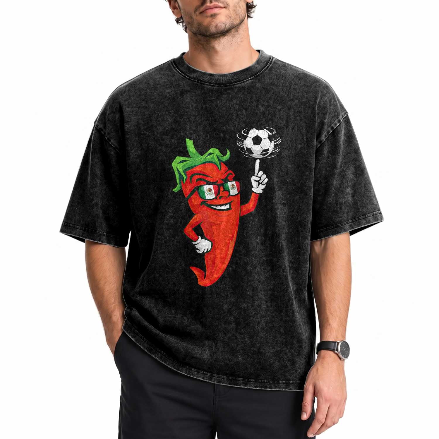 Cool Chili Pepper Soccer Player Washed Cotton T-Shirt Mexican Spicy Food Lover