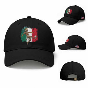 Aztec Warrior Playing Soccer Baseball Cap Mexican Pride Football Fan Gift TS12 Baseball Cap Universal Fit Black Print Your Wear