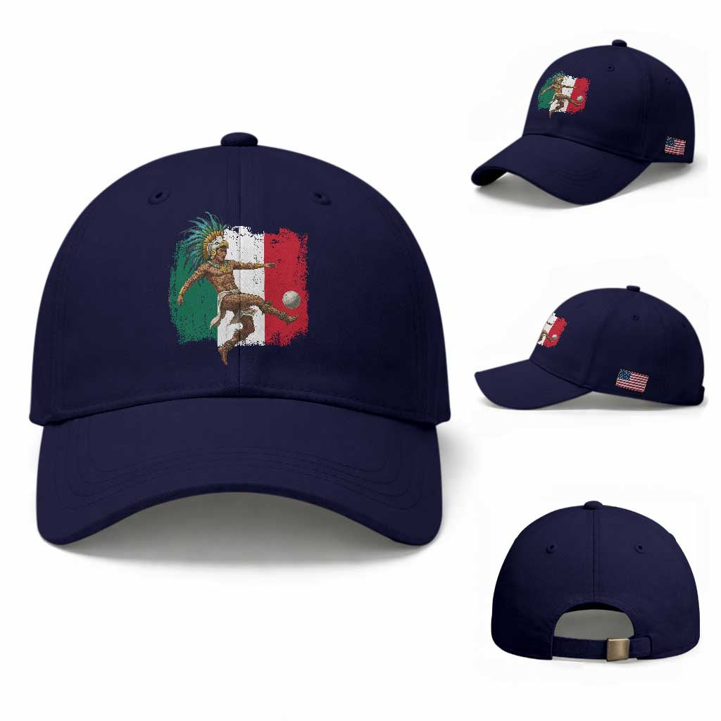 Aztec Warrior Playing Soccer Baseball Cap Mexican Pride Football Fan Gift TS12 Baseball Cap Universal Fit Dark Blue Print Your Wear