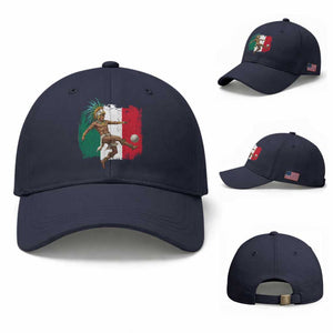 Aztec Warrior Playing Soccer Baseball Cap Mexican Pride Football Fan Gift TS12 Baseball Cap Universal Fit Navy Print Your Wear