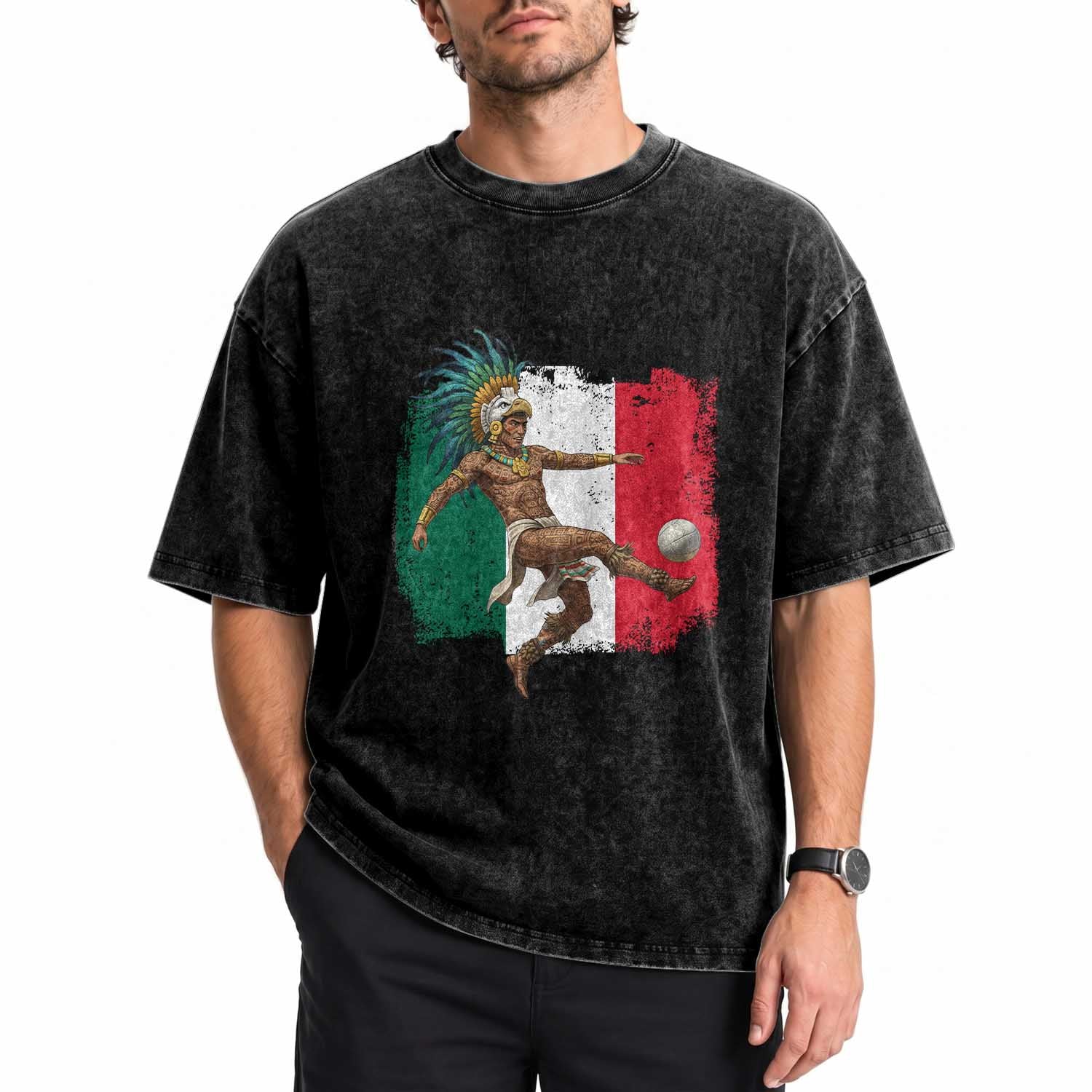 Aztec Warrior Playing Soccer Washed Cotton T-Shirt Mexican Pride Football Fan Gift