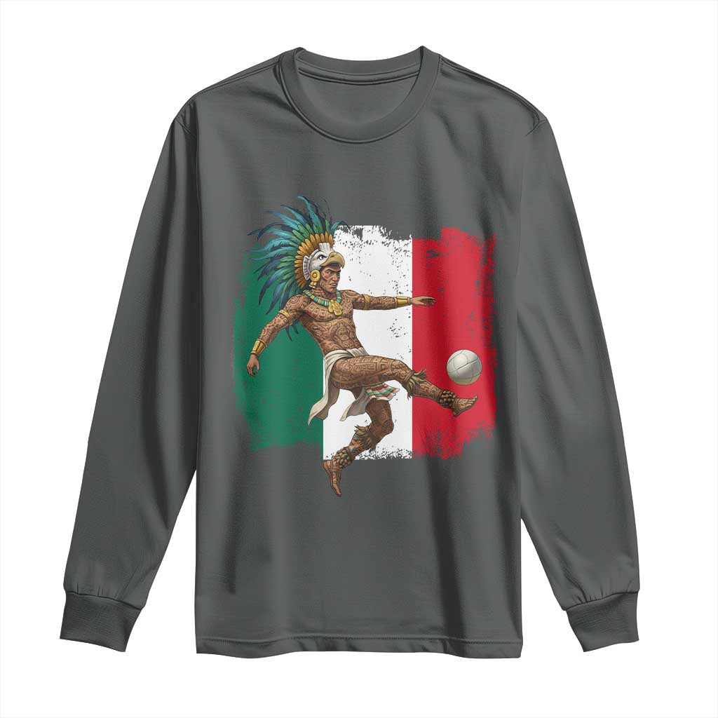Aztec Warrior Playing Soccer Long Sleeve Shirt Mexican Pride Football Fan Gift TS12 Dark Heather Print Your Wear