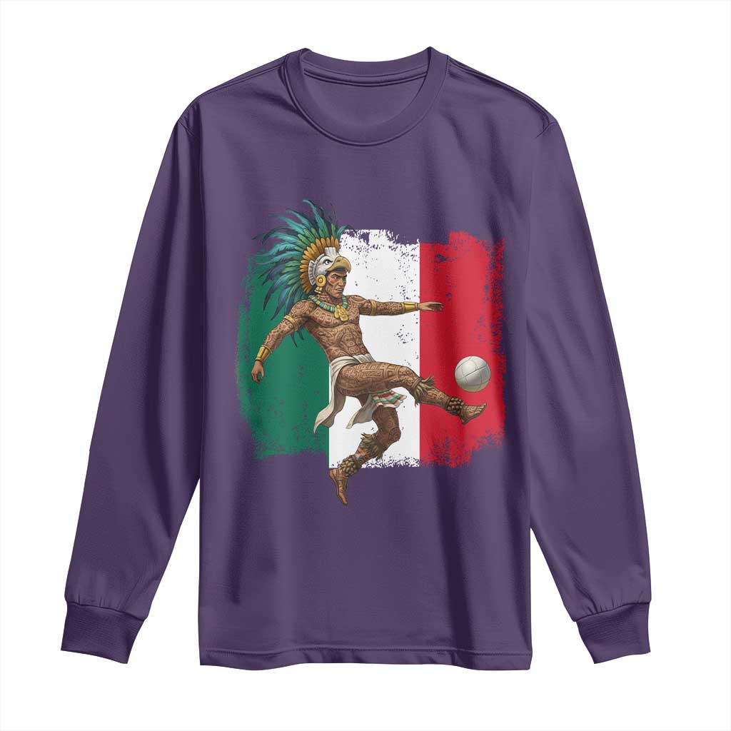 Aztec Warrior Playing Soccer Long Sleeve Shirt Mexican Pride Football Fan Gift TS12 Purple Print Your Wear
