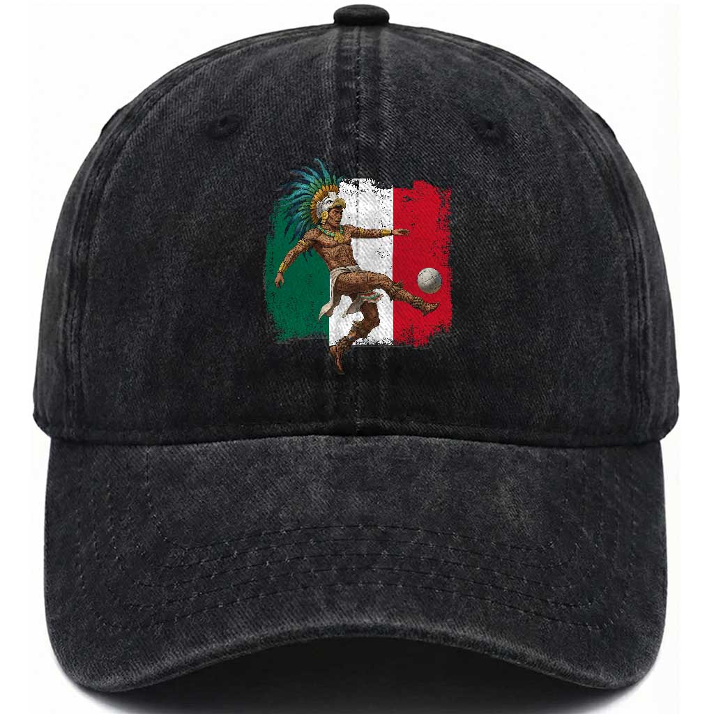 Aztec Warrior Playing Soccer Washed Cotton Baseball Cap Mexican Pride Football Fan Gift TS12 Print Your Wear