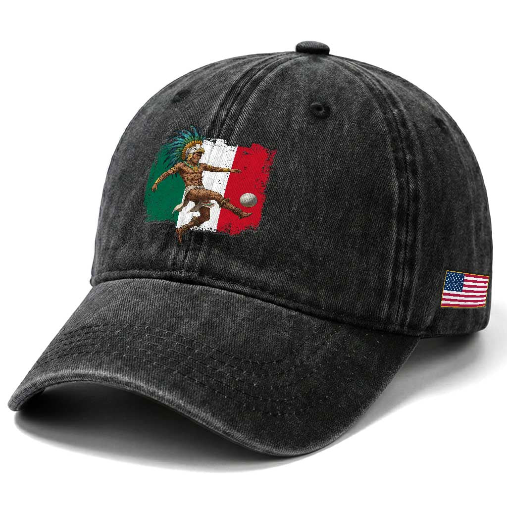 Aztec Warrior Playing Soccer Washed Cotton Baseball Cap Mexican Pride Football Fan Gift TS12 Print Your Wear