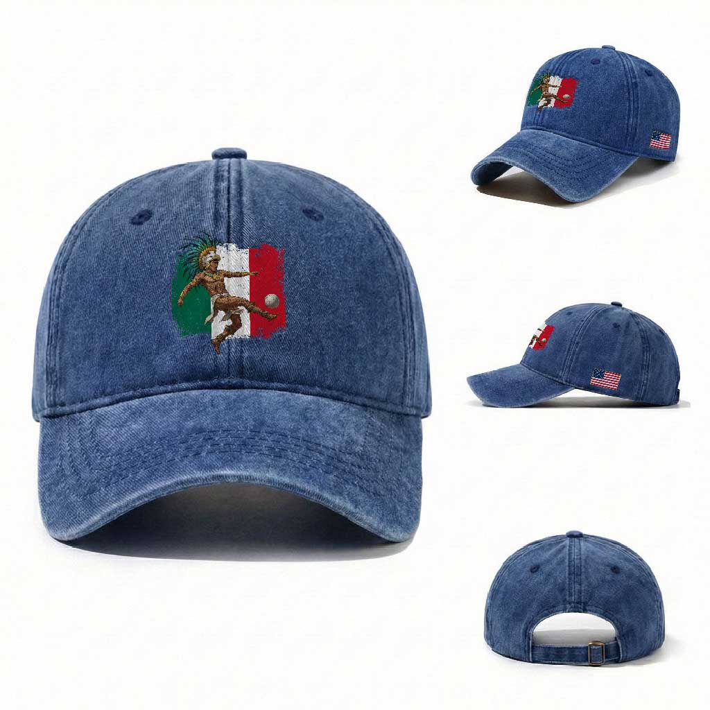 Aztec Warrior Playing Soccer Washed Cotton Baseball Cap Mexican Pride Football Fan Gift TS12 Washed Cap Universal Fit Royal Blue Print Your Wear