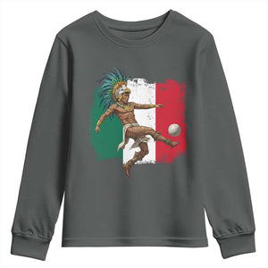 Aztec Warrior Playing Soccer Youth Sweatshirt Mexican Pride Football Fan Gift TS12 Dark Heather Print Your Wear