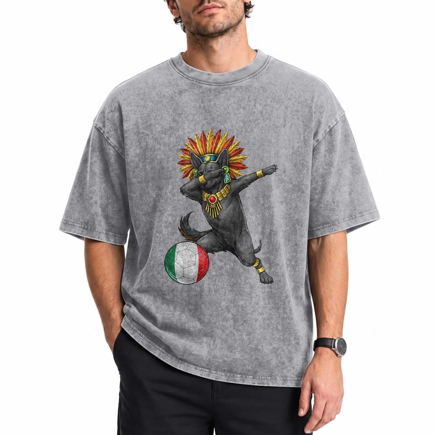 Aztec Xolo Dog Soccer Washed Cotton T-Shirt Mexican Heritage Fan Gift