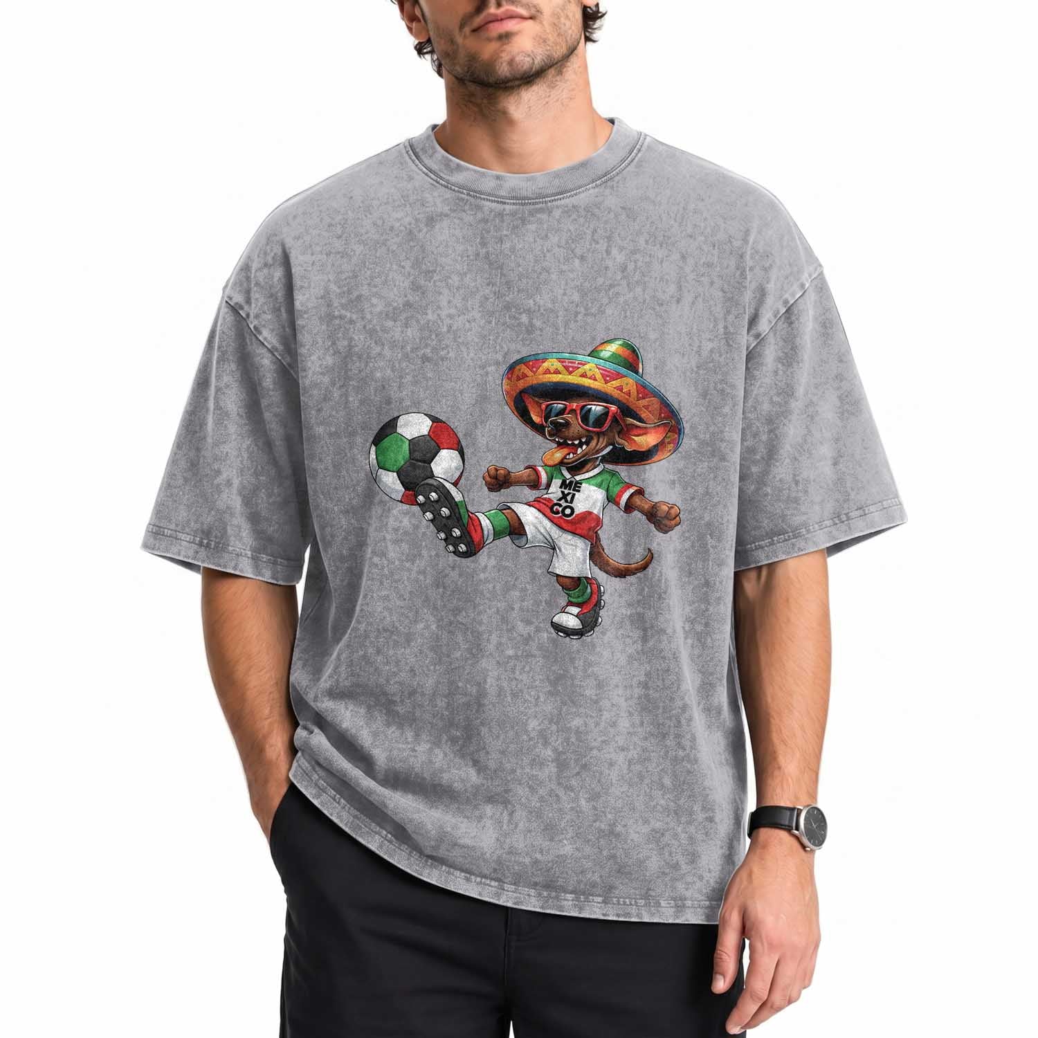 Funny Mexican Xolo Dog Playing Soccer Washed Cotton T-Shirt Football Fan Gift