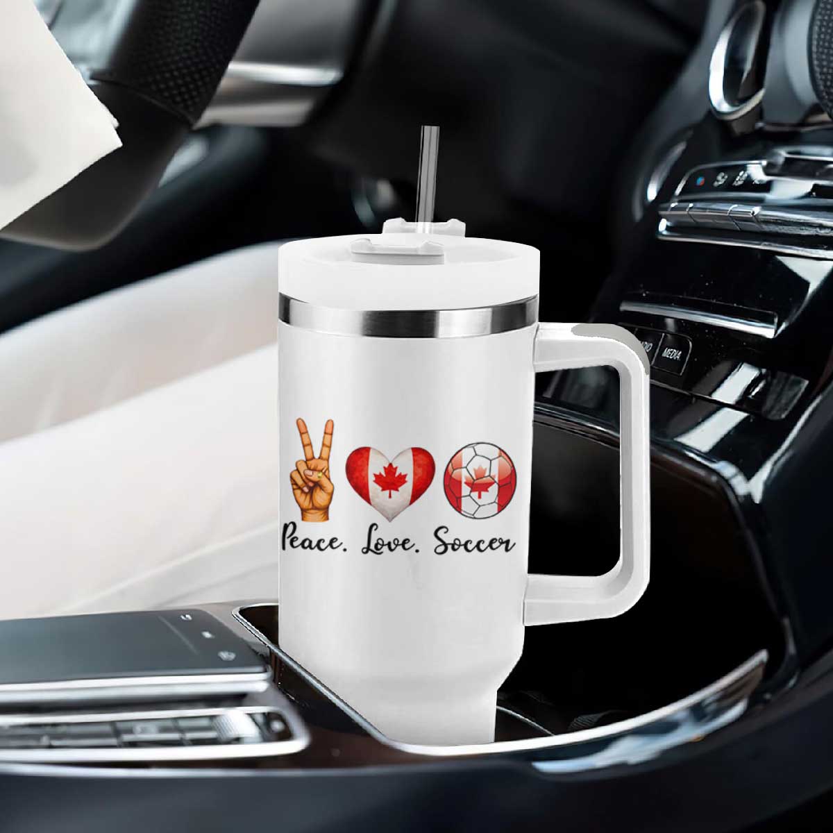 Peace Love Soccer Tumbler With Handle Proud Canadian Fan Gift TS12 Print Your Wear