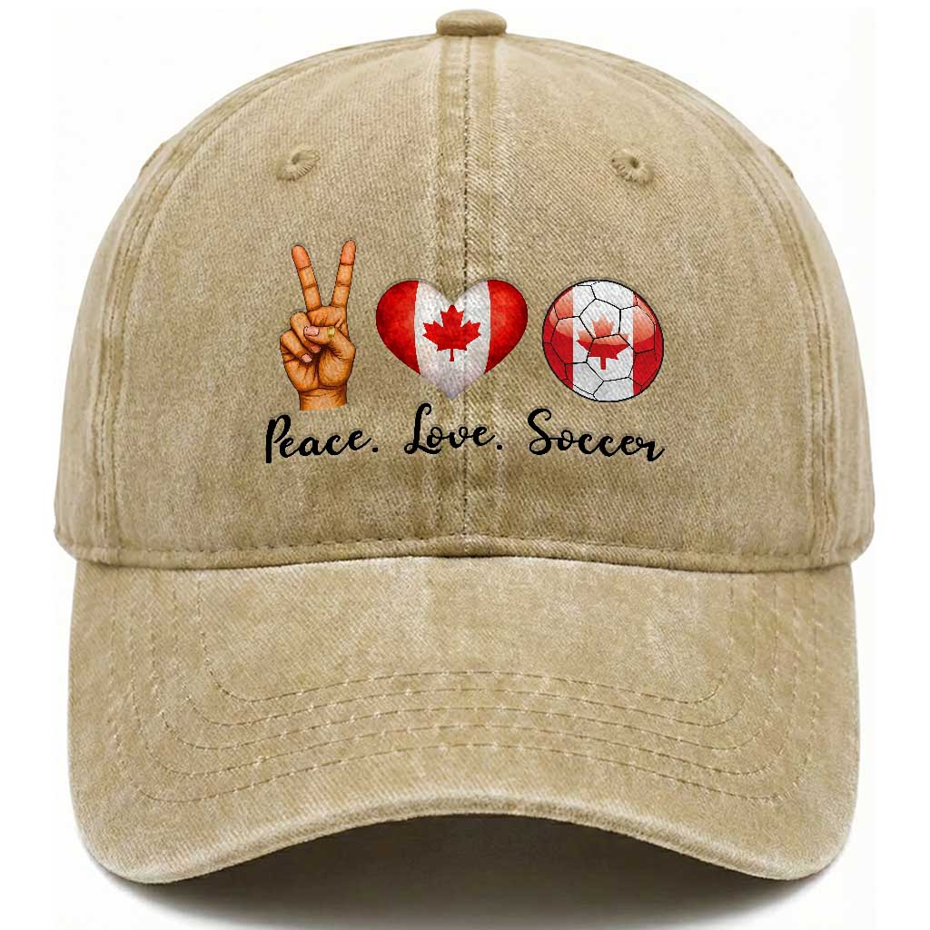 Peace Love Soccer Washed Cotton Baseball Cap Proud Canadian Fan Gift TS12 Print Your Wear