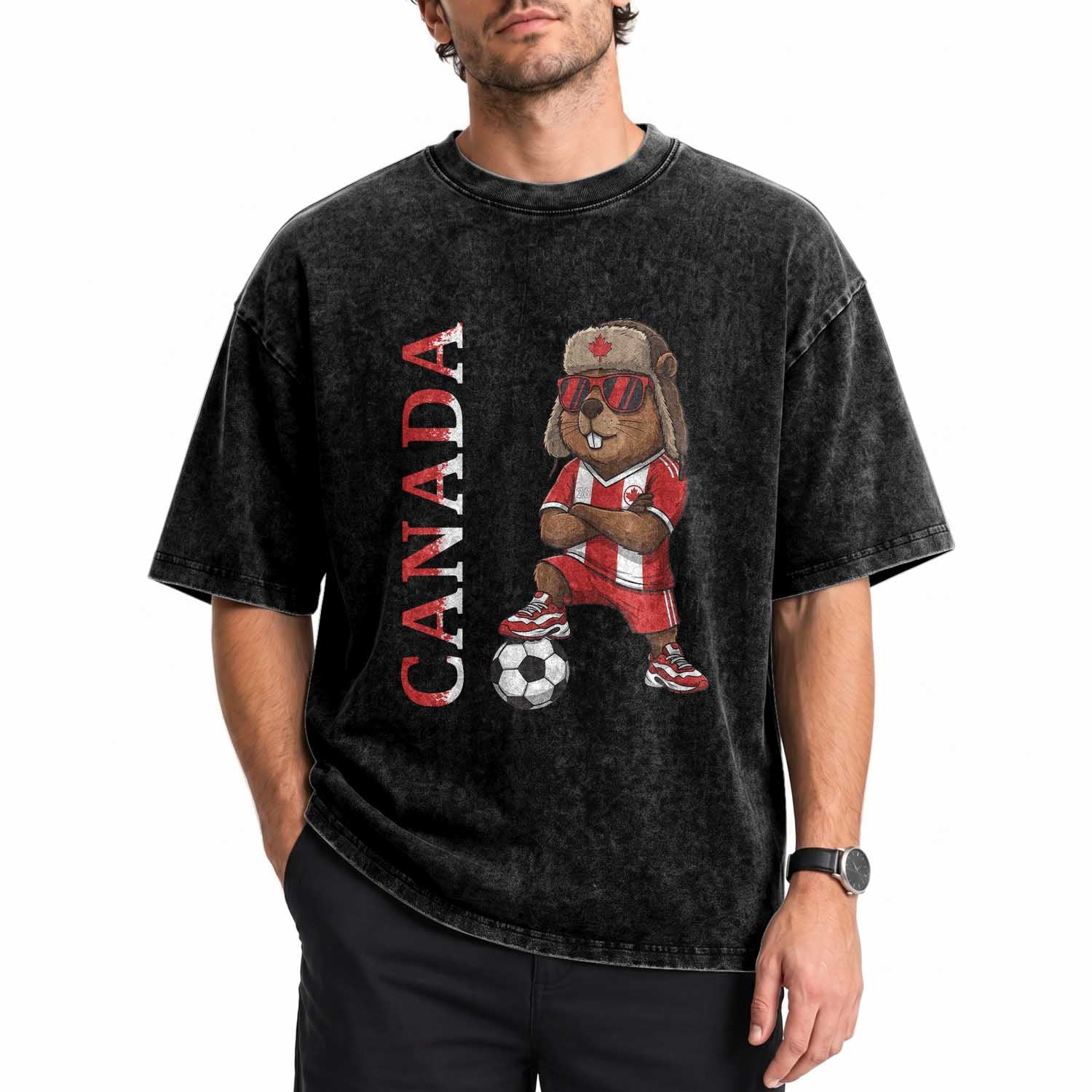 Proud Canada Soccer Beaver Washed Cotton T-Shirt Funny Football Fan Gift