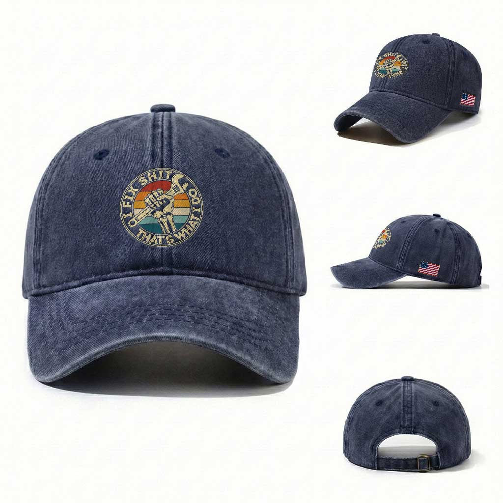 Vintage Skeleton Wrench Graphic Washed Cotton Baseball Cap I Fix Shit Thats What I Do TS12 Washed Cap Universal Fit Navy Print Your Wear