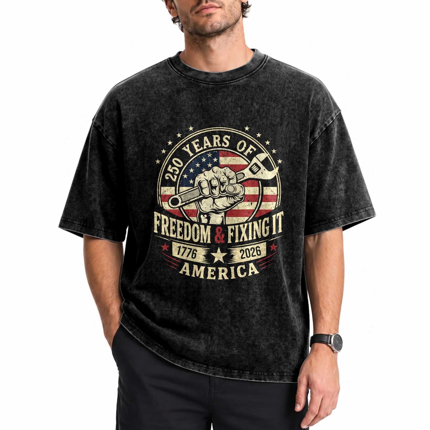 USA 250th Anniversary Patriotic Mechanic Washed Cotton T-Shirt Freedom And Fixing It