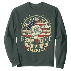 USA 250th Anniversary Patriotic Mechanic Sweatshirt Freedom And Fixing It TS12 Dark Forest Green Print Your Wear