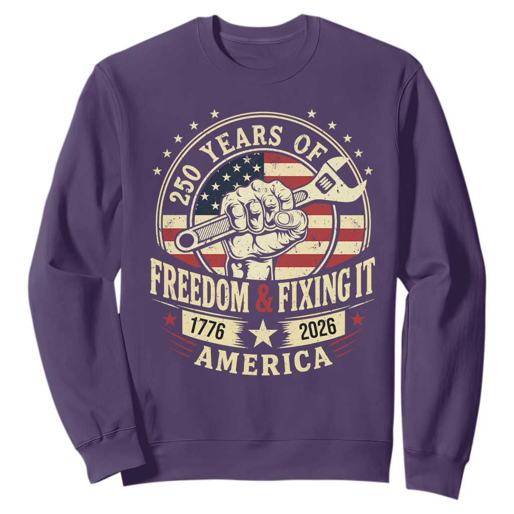 USA 250th Anniversary Patriotic Mechanic Sweatshirt Freedom And Fixing It TS12 Purple Print Your Wear