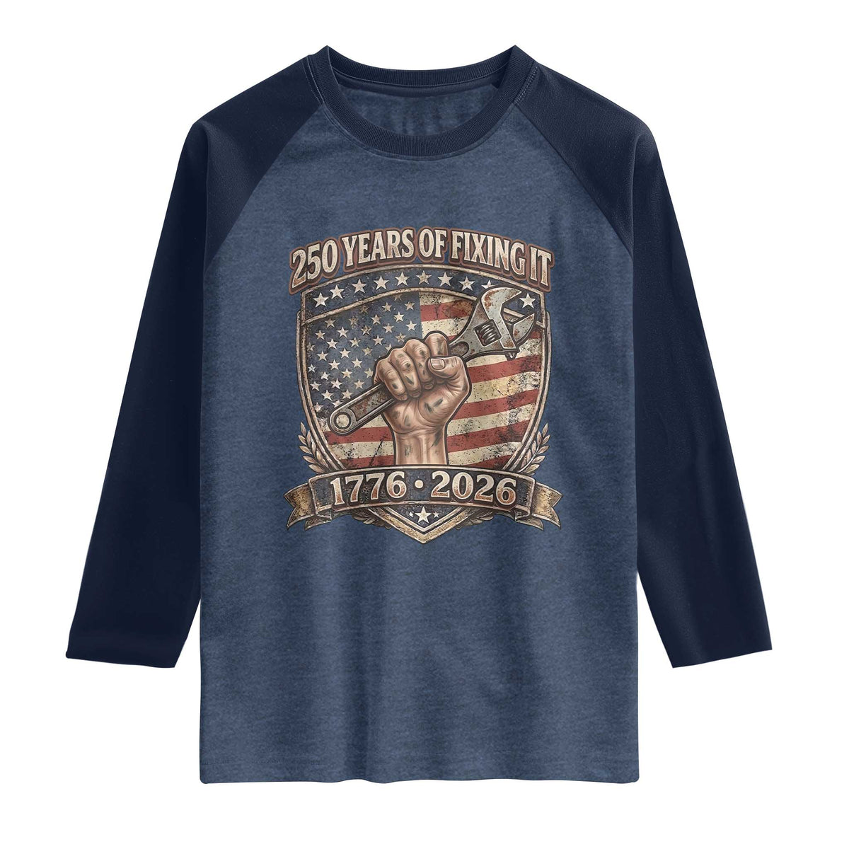 250 Years Of Fixing It Raglan Shirt 250th Anniversary Mechanic Gift TS12 Heather Denim Navy Print Your Wear