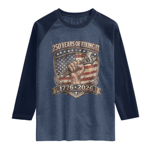 250 Years Of Fixing It Raglan Shirt 250th Anniversary Mechanic Gift TS12 Heather Denim Navy Print Your Wear