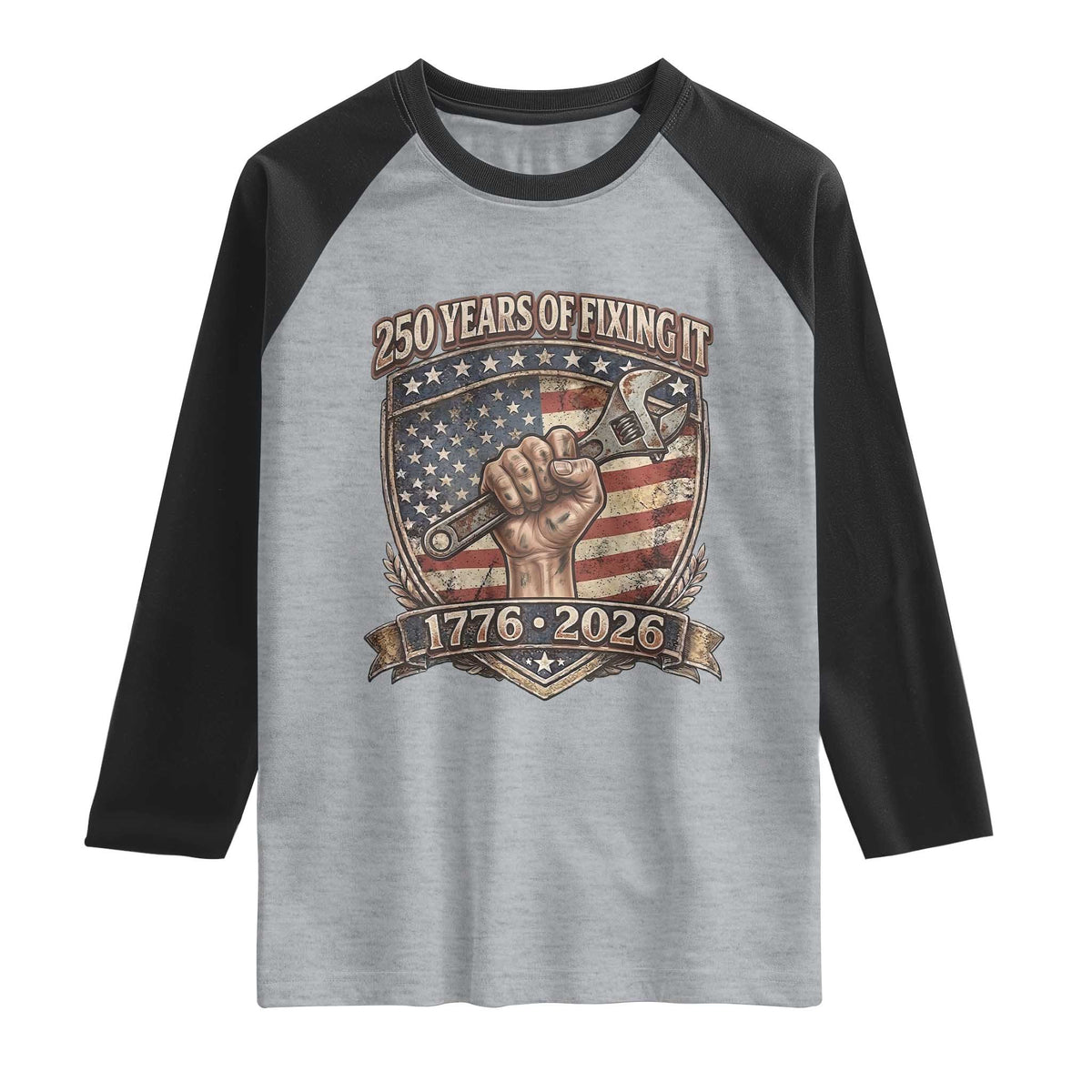 250 Years Of Fixing It Raglan Shirt 250th Anniversary Mechanic Gift TS12 Heather Gray Black Print Your Wear