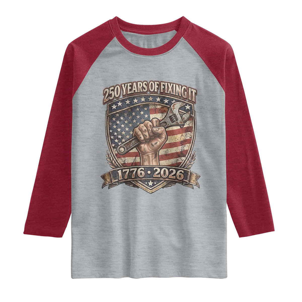 250 Years Of Fixing It Raglan Shirt 250th Anniversary Mechanic Gift TS12 Heather Gray Heather Red Print Your Wear