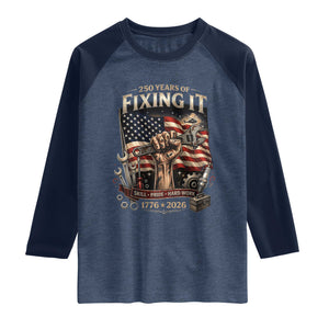 250 Years Of Fixing It Mechanic Pride Raglan Shirt USA 250 Anniversary Gift TS12 Heather Denim Navy Print Your Wear