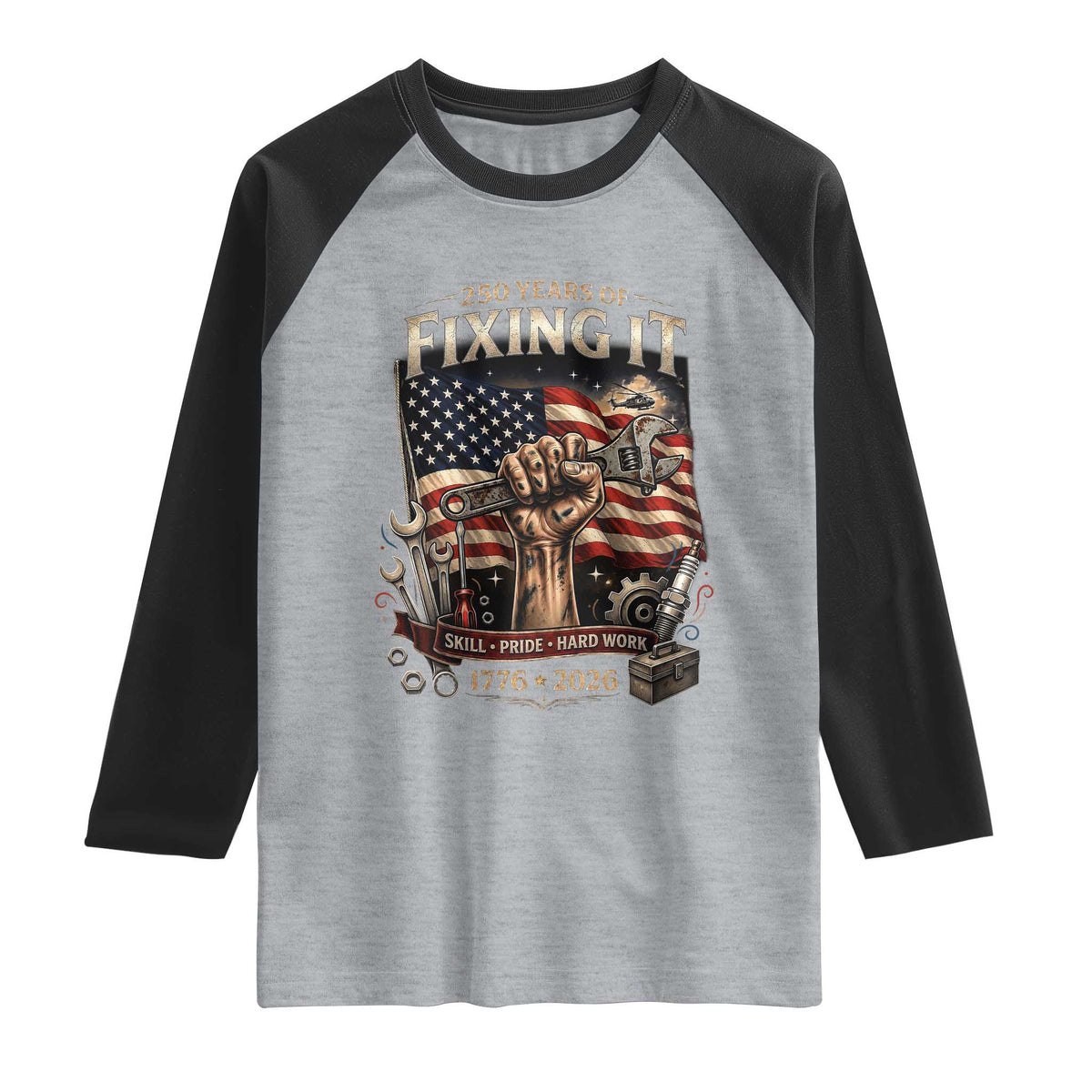 250 Years Of Fixing It Mechanic Pride Raglan Shirt USA 250 Anniversary Gift TS12 Heather Gray Black Print Your Wear