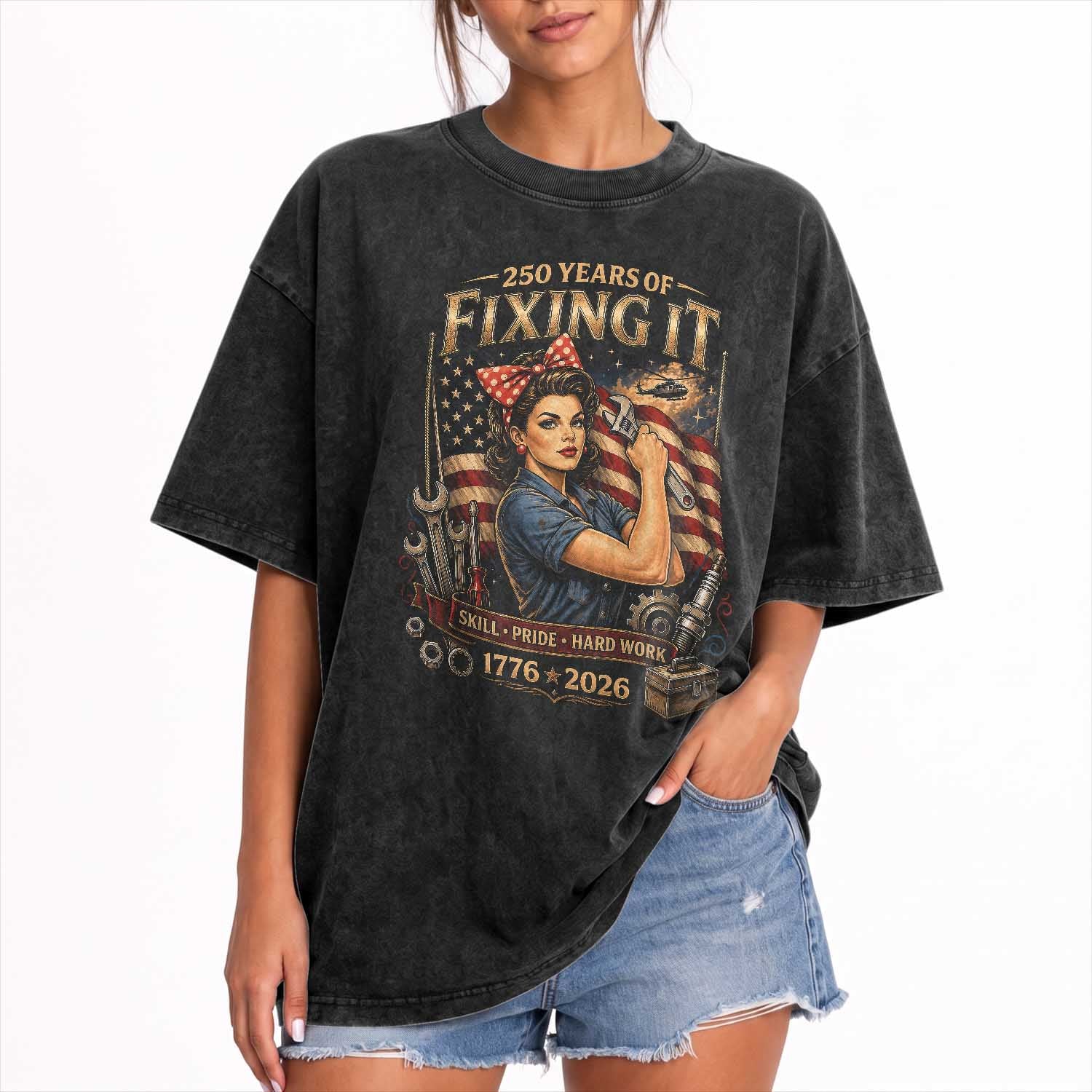 Patriotic Rosie Mechanic Feminist Pride Washed Cotton T-Shirt 250 Years Of Fixing It