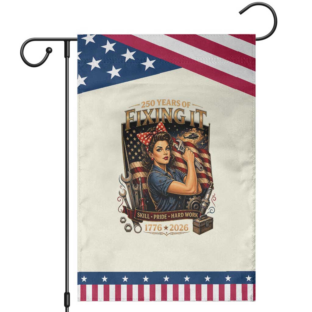 Rosie Mechanic Feminist Pride Patriotic Garden Flag 250 Years Of Fixing It TS12 Distressed Beige Blue Print Your Wear