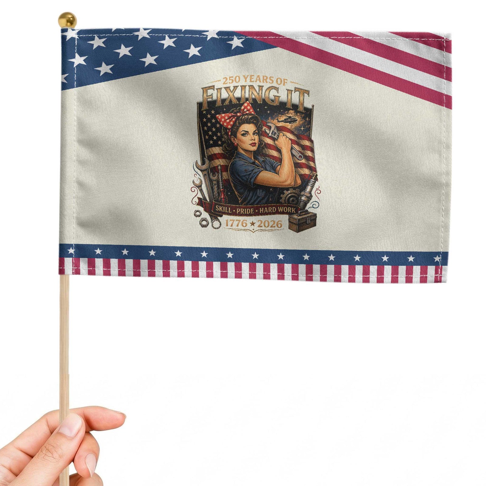 Rosie Mechanic Feminist Pride Patriotic Handheld Flag 250 Years Of Fixing It TS12 Distressed 8.2