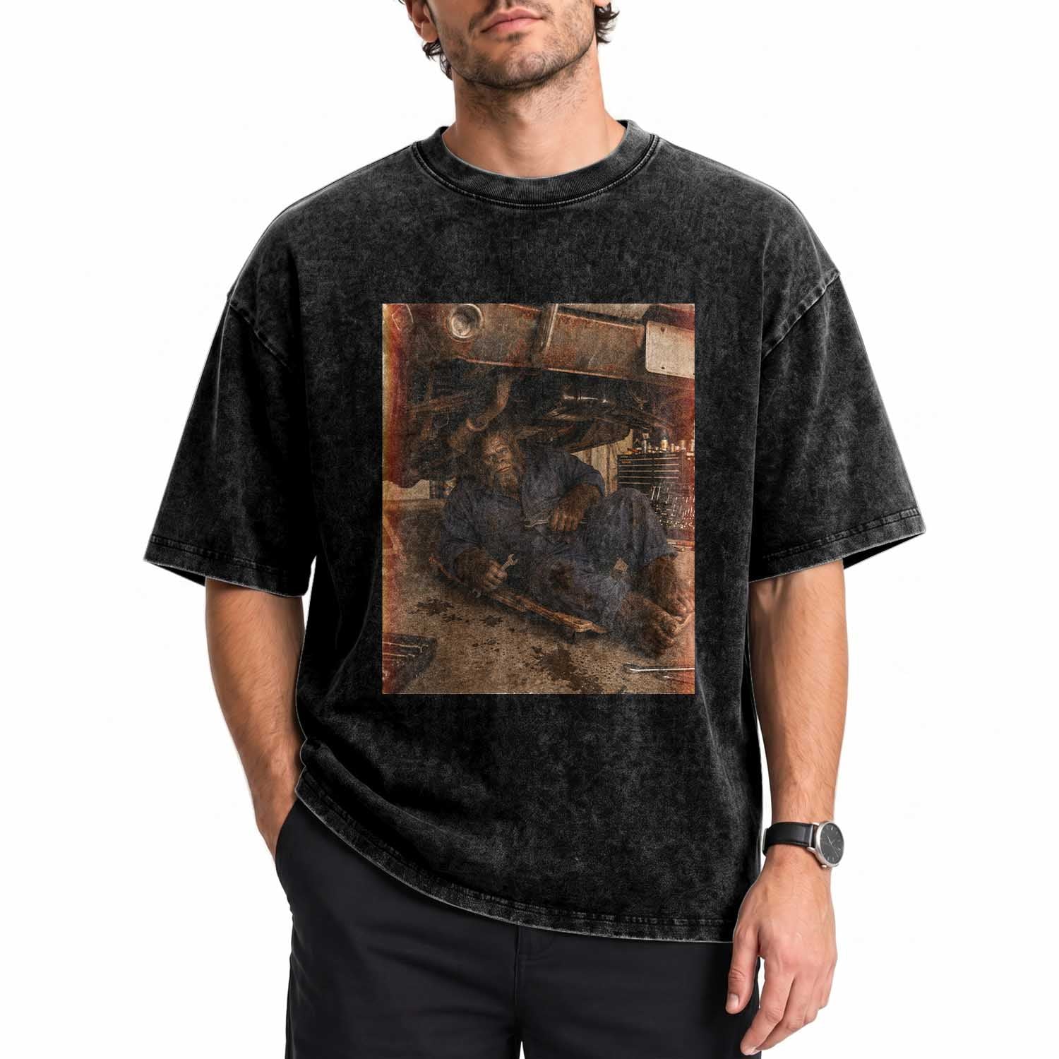 Bigfoot Mechanic Meme Washed Cotton T-Shirt Funny Sasquatch Fixing Cars