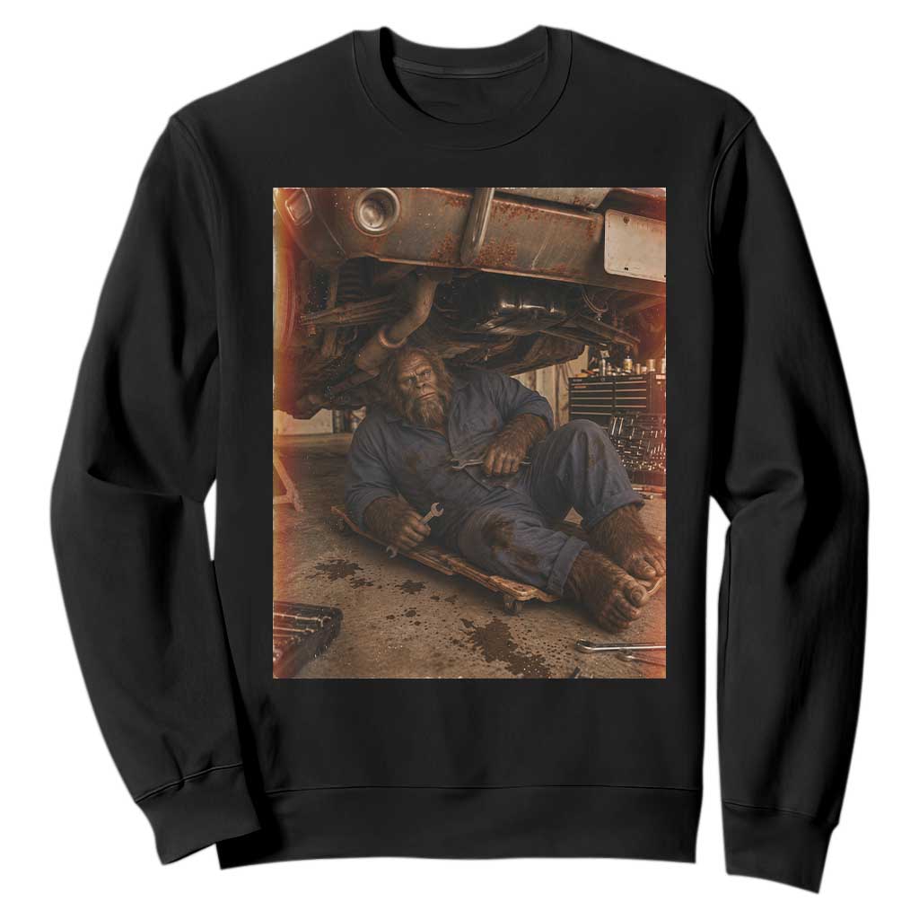Bigfoot Mechanic Meme Sweatshirt Funny Sasquatch Fixing Cars TS12 Black Print Your Wear
