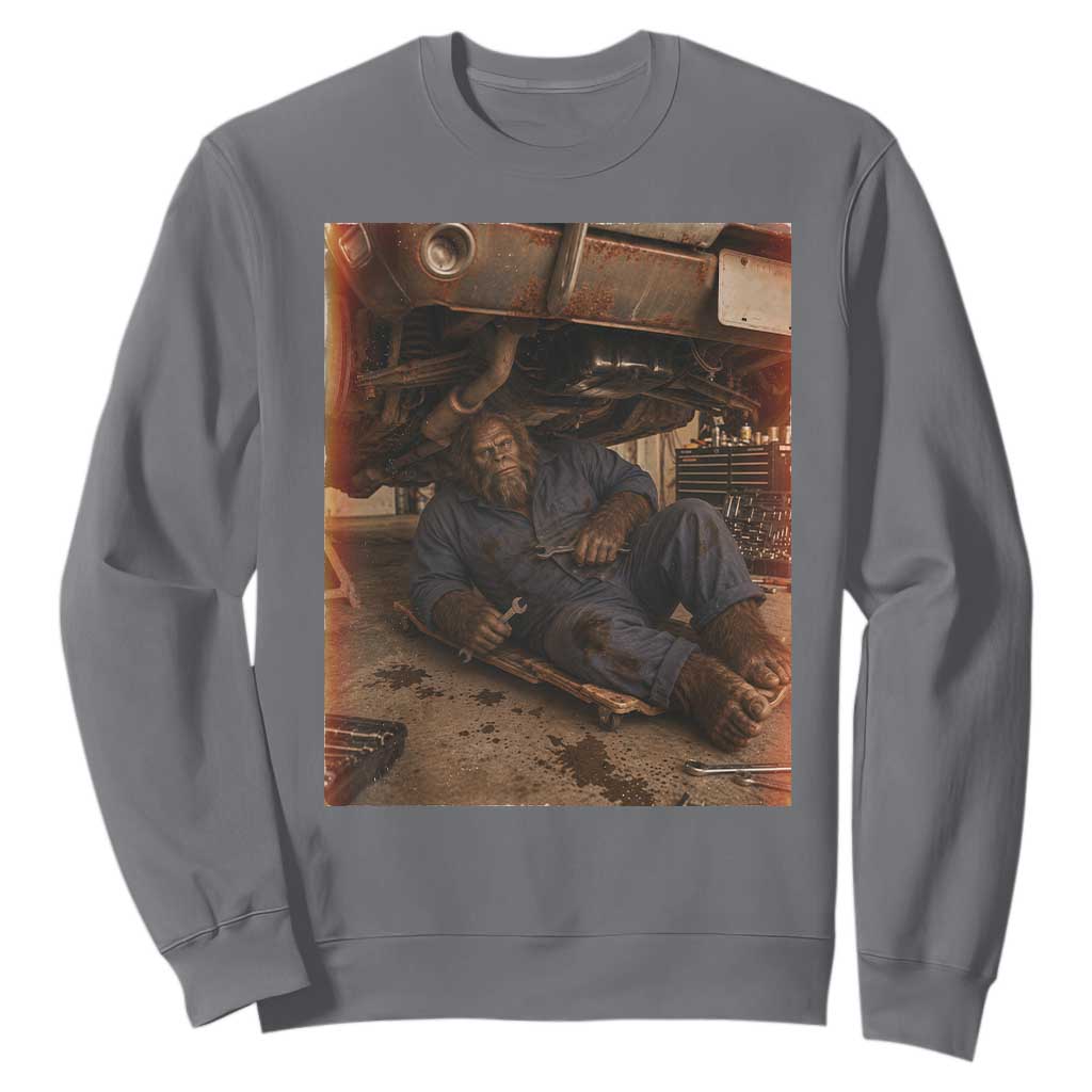 Bigfoot Mechanic Meme Sweatshirt Funny Sasquatch Fixing Cars TS12 Charcoal Print Your Wear